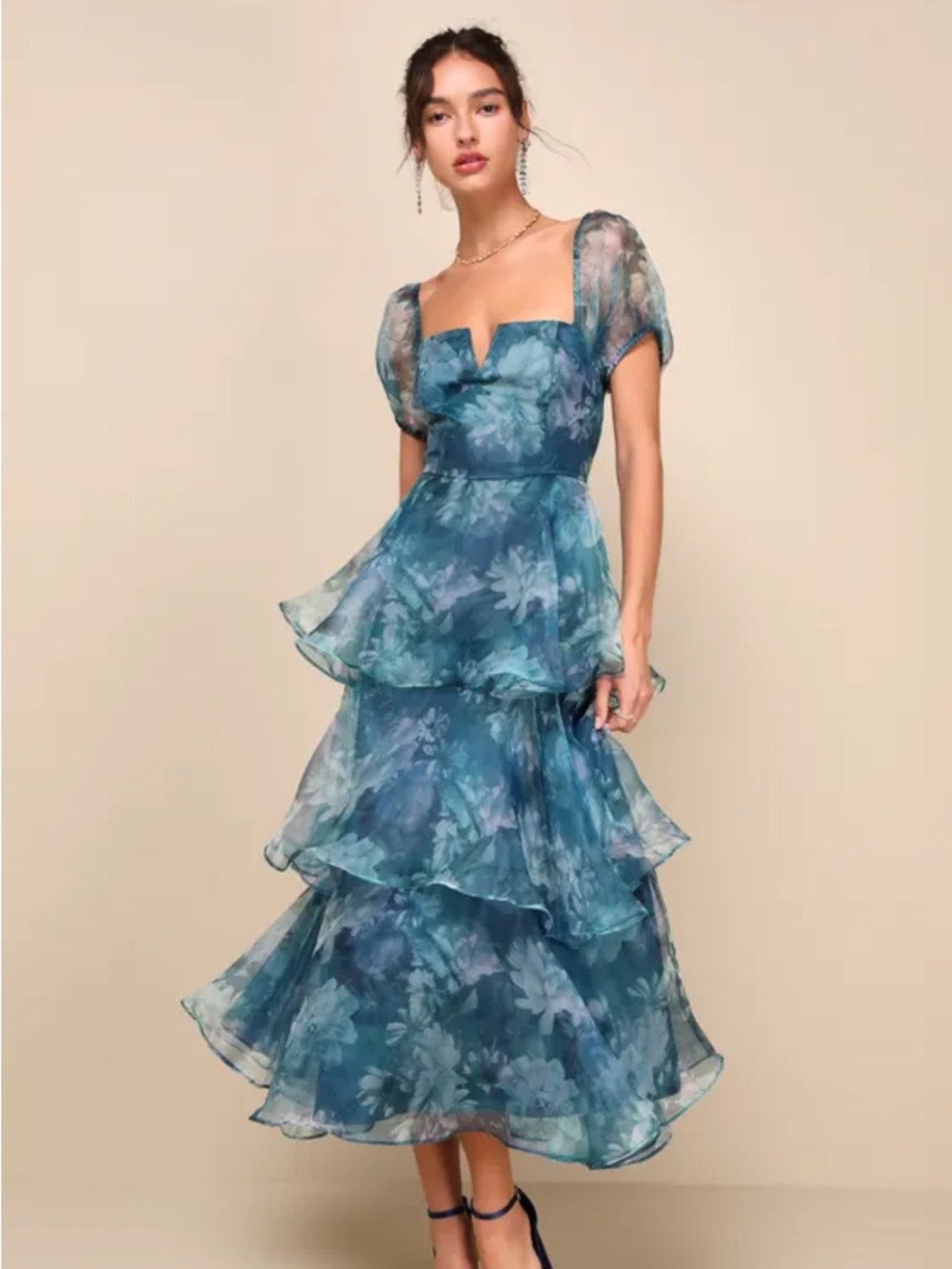 NWT! Lulus Darling Vision Teal Floral Organza Puff Sleeve Tiered Midi Dress. Med